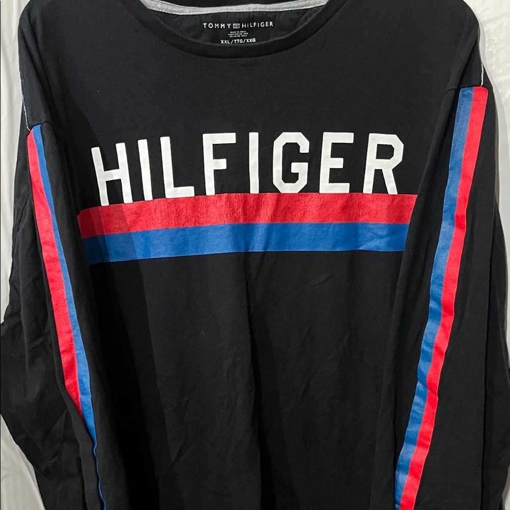 Tommy Hilfiger Black Long Sleeve Shirt with Red and Blue Accents